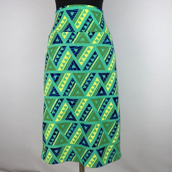 LuLaRoe Cassie L Green Yellow Blue Geometric Pattern Pencil Skirt NWT - Picture 7 of 13